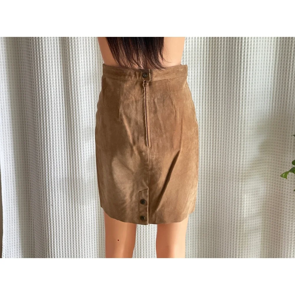 Vintage 90s Global Identity Leather London Tan Brown‎ Suede Mini Skirt Size 3/4 - Picture 4 of 9